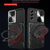 Two views of a black phone case with a sliding camera cover and a ring stand, presented against a dark background. Produktbild-Vorschau