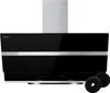 A black and silver range hood with a stainless steel chimney, shown against a white background. Two charcoal filters are placed in the foreground. Produktbild-Vorschau