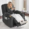 A woman is sitting in a recliner chair, playing on her phone. The chair has a cup holder and a side pocket with a magazine. Produktbild-Vorschau