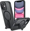Three views of a black iPhone case with a kickstand and MagSafe compatibility. Anteprima dell’immagine prodotto