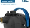 A close-up of a black water pump with a blue handle, featuring text overlays highlighting its features. Produktbild-Vorschau