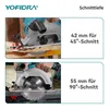 Two images showing a circular saw at different angles and cutting depths. Voir les images du produit
