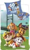 A group of Paw Patrol characters are depicted on a bedding set with a bridge in the background. Produktbild-Vorschau