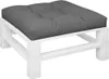 A gray cushion placed on a white wooden pallet base, shown from a slightly elevated front-left angle against a white background. Produktbild-Vorschau