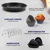 A flat lay of various baking accessories, including a cake pan, silicone cupcake molds with a muffin, a wire rack, and silicone oven mitts. Náhľad obrázku produktu