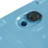 A close-up view of a blue plastic planter with a black rubber plug and instructional text. Voir les images du produit