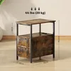 A rustic brown side table with two drawers and a charging station, shown with dimensions and weight capacity. Produktbild-Vorschau