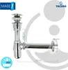 A chrome-finished siphon with a pop-up drain valve, shown with measurement callouts. Produktbild-Vorschau