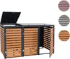 A three-unit trash can enclosure with a teak-like wood finish and dark gray metal frame, shown with one lid open and one door ajar. Produktbild-Vorschau