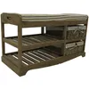 A wooden bench with two shelves and two woven baskets, topped with a striped cushion. Podgląd zdjęcia produktu