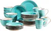 A collection of turquoise ceramic dinnerware, including plates, bowls, and mugs, arranged on a white background. Produktbild-Vorschau