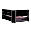 A corner view of a modern bed frame with a black headboard and gray frame, showing the wooden slats of the mattress base and some purple LED lighting underneath. Produktbild-Vorschau
