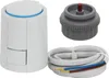 A white thermostatic radiator valve actuator, a gray adapter, and a white cable with three wires are displayed against a white background. Produktbild-Vorschau