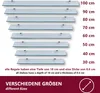 A diagram showing multiple glass shelves of varying lengths, with their corresponding sizes indicated in centimeters. Produktbild-Vorschau