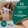 A woman is taping a cardboard box while surrounded by stacks of boxes. The image has marketing text and icons on a green background. Produktbild-Vorschau