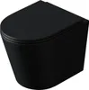 A black wall-mounted toilet with the lid closed, shown from a slightly elevated front-left angle. Produktbild-Vorschau