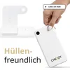 A hand holding a white smartphone near a white wireless charging station, with text overlays indicating features. Produktbild-Vorschau
