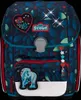 A dark blue backpack with a floral and star pattern, featuring patches of a heart and a horse. Produktbild-Vorschau