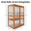 A wooden greenhouse with clear plastic panels and shelves, with dimensions indicated by lines and text. Produktbild-Vorschau