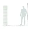 A tall, slim bookshelf shown next to a silhouette of a person for scale, with a ruler in the foreground. Produktbild-Vorschau