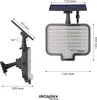 A product image showing a solar-powered outdoor spotlight with dimensions and a motion sensor. Produktbild-Vorschau