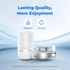 A water filter attached to a faucet with marketing text and icons. Anteprima dell’immagine prodotto