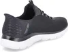 A side view of a black Skechers slip-on shoe with a white sole. Náhled obrázku produktu