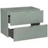 A green vanity cabinet with two drawers, one partially open, against a white background. Produktbild-Vorschau