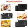 A collage of images showing a sandwich maker with different plates, waffles, and sandwiches. Produktbild-Vorschau