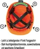Interior view of an orange safety helmet with internal straps and adjustment mechanisms, with numbered callouts and descriptive text. Produktbild-Vorschau