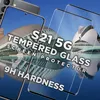 A product image for a Samsung Galaxy S21 5G screen protector, featuring a modern architectural background. Produktbild-Vorschau