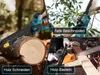 A collage of images showing a mini chainsaw being used for different tasks like cutting wood, pruning branches, and woodworking. The images are divided into sections with German text labels. Produktbild-Vorschau