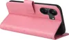 A pink flip phone case with floral embossing is shown open, revealing the phone inside. Produktbild-Vorschau