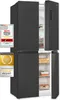 A black Exquisit Multidoor refrigerator with its doors open, displaying food items inside. Two award badges are placed on the left side of the refrigerator. Produktbild-Vorschau