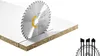 A circular saw blade is positioned on a piece of particle board with a white laminate surface, with a cut line marked. Podgląd zdjęcia produktu
