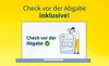 A laptop screen displays a checklist with a green checkmark, and a person is examining documents with a magnifying glass. The background is bright yellow. Produktbild-Vorschau