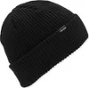 A black knitted beanie hat with a small black label with white text. Produktbild-Vorschau