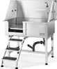 A stainless steel dog grooming tub with attached steps and plumbing. Podgląd zdjęcia produktu