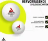 Two white table tennis balls with a red and black logo are shown against a white and yellow background. Text highlights product features. Produktbild-Vorschau