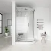 A modern bathroom with a corner shower cabin, a plant, and a small stool. Anteprima dell’immagine prodotto
