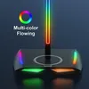 A close-up marketing image of a black headphone stand with multi-colored RGB lighting. Podgląd zdjęcia produktu