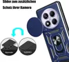 A close-up of a blue phone case with a camera slider and a ring holder, with inset images showing installation and removal. Produktbild-Vorschau