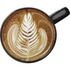 A top-down view of a latte with intricate latte art in a black mug. Produktbild-Vorschau