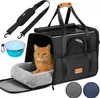 A cat is inside a black pet carrier with a gray cushion. Accessories like a shoulder strap and a collapsible bowl are also shown. Produktbild-Vorschau
