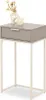 A narrow console table with a drawer and a decorative vase with flowers and a candle on top. Produktbild-Vorschau