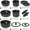 A collage of different pots, pans, lids, and handles from a cookware set, with labels indicating sizes and names. Produktbild-Vorschau