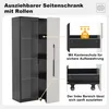 A tall, narrow cabinet with glass doors is shown partially open, revealing shelves. Callout boxes highlight features like weight capacity and smooth sliding. Anteprima dell’immagine prodotto