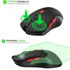 Two views of a black wireless computer mouse, with green overlays highlighting features. Produktbild-Vorschau