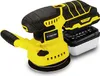 A yellow and black cordless orbital sander with a dust collection system is shown against a white background. Produktbild-Vorschau