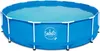 A round, blue above-ground swimming pool filled with water, supported by a white metal frame. Náhled obrázku produktu